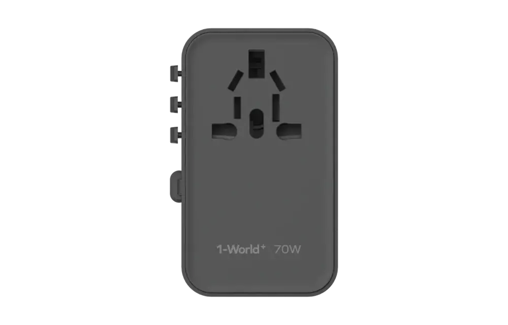 Momax 1 World Plus 70w Gan 3 Port + AC Travel Adapter with Retractable USB-C Cable - Black