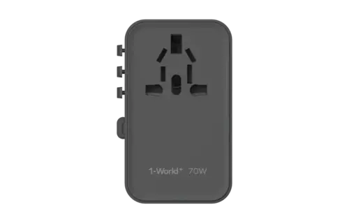 Momax 1 World Plus 70w Gan 3 Port + AC Travel Adapter with Retractable USB-C Cable - Black