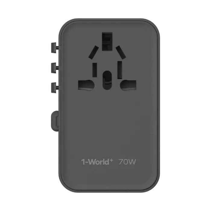 Momax 1 World Plus 70w Gan 3 Port + AC Travel Adapter with Retractable USB-C Cable - Black