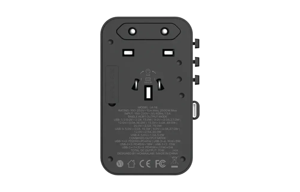 Momax 1 World Plus 70w Gan 3 Port + AC Travel Adapter with Retractable USB-C Cable - Black