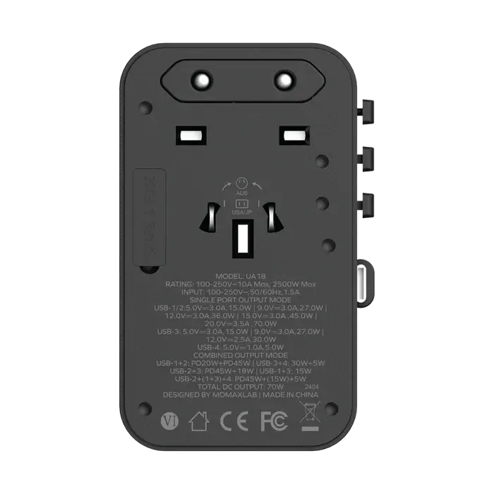 Momax 1 World Plus 70w Gan 3 Port + AC Travel Adapter with Retractable USB-C Cable - Black