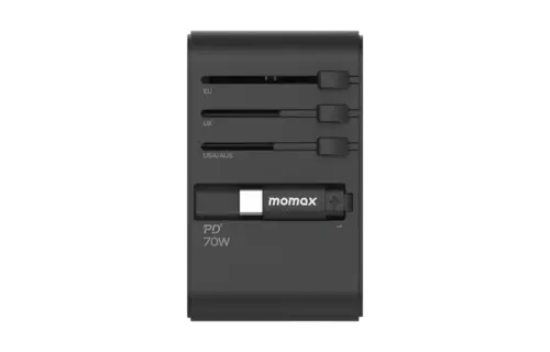 Momax 1 World Plus 70w Gan 3 Port + AC Travel Adapter with Retractable USB-C Cable - Black