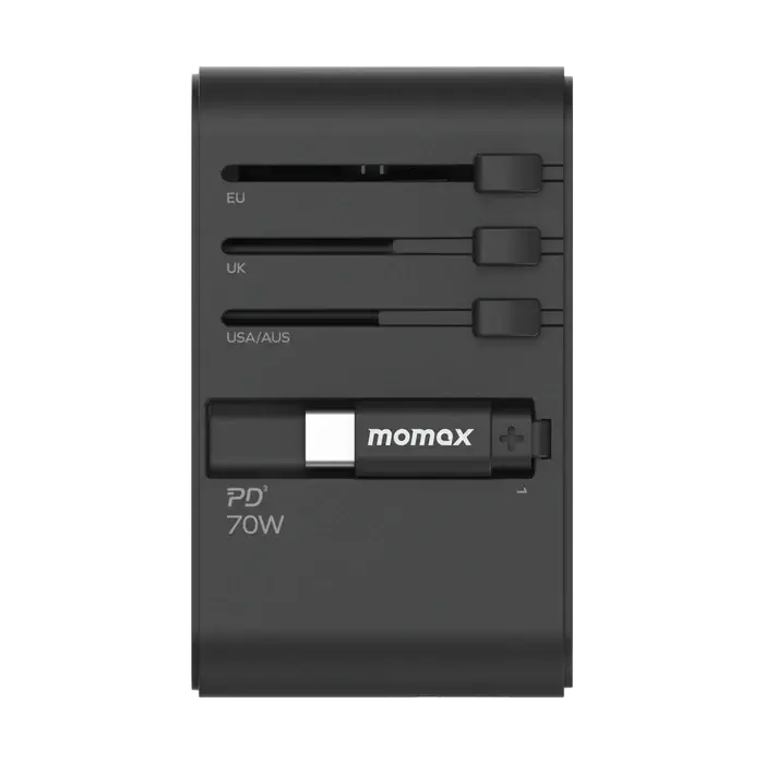 Momax 1 World Plus 70w Gan 3 Port + AC Travel Adapter with Retractable USB-C Cable - Black
