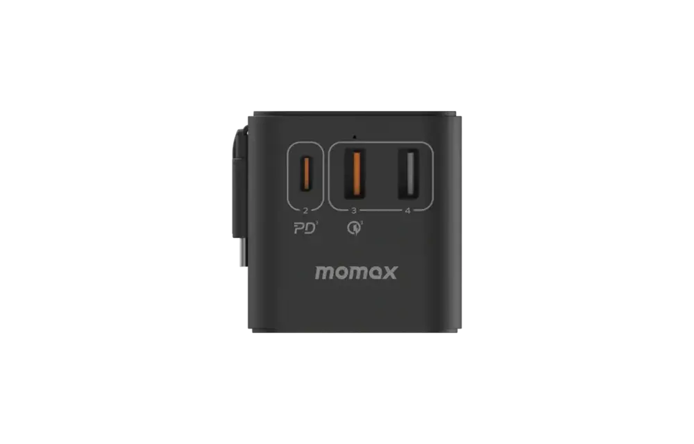 Momax 1 World Plus 70w Gan 3 Port + AC Travel Adapter with Retractable USB-C Cable - Black