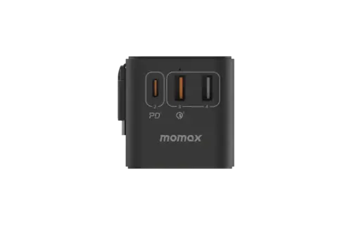 Momax 1 World Plus 70w Gan 3 Port + AC Travel Adapter with Retractable USB-C Cable - Black