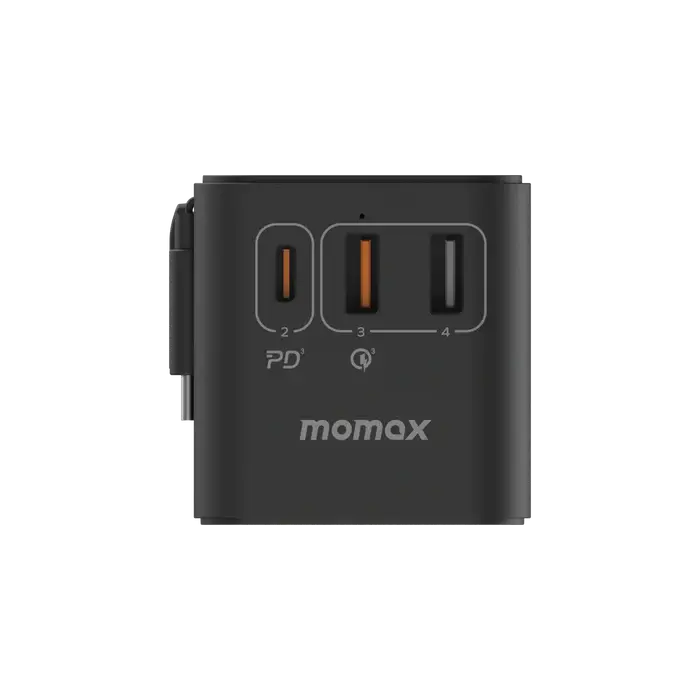 Momax 1 World Plus 70w Gan 3 Port + AC Travel Adapter with Retractable USB-C Cable - Black