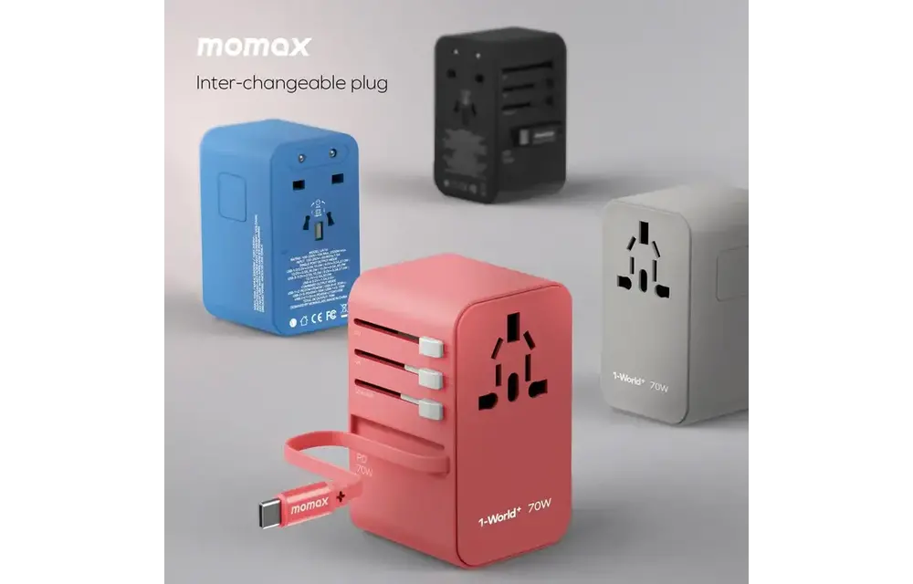 Momax 1 World Plus 70w Gan 3 Port + AC Travel Adapter with Retractable USB-C Cable - Black