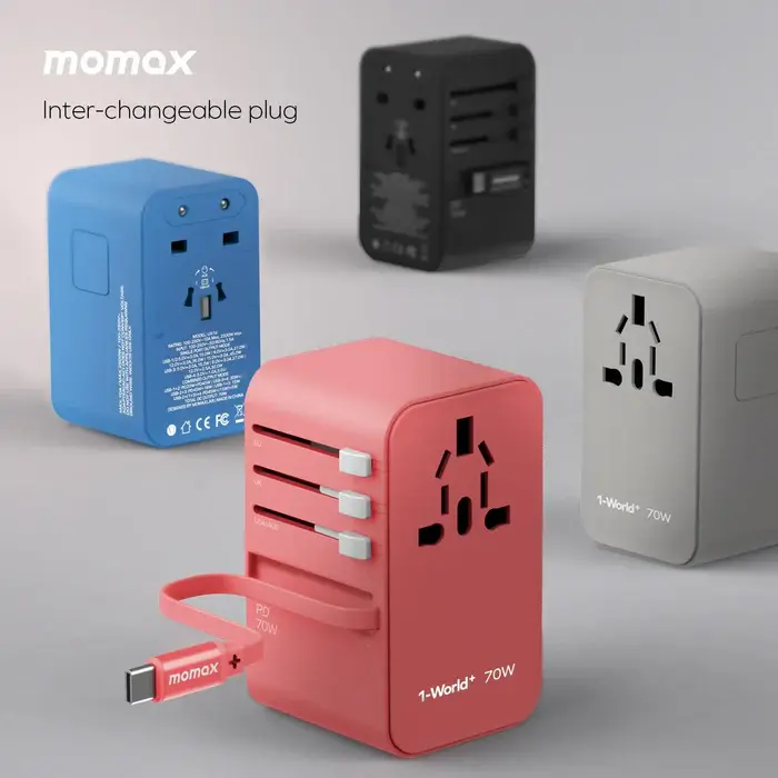 Momax 1 World Plus 70w Gan 3 Port + AC Travel Adapter with Retractable USB-C Cable - Black