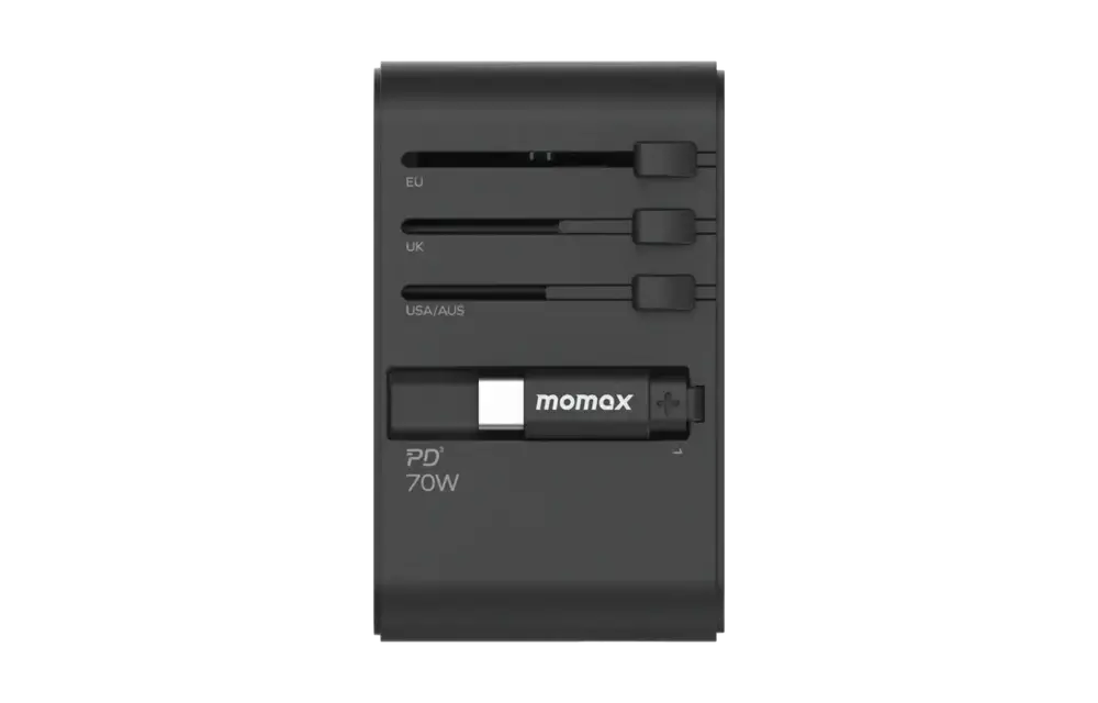 Momax 1 World Plus 70w Gan 3 Port + AC Travel Adapter with Retractable USB-C Cable - Black