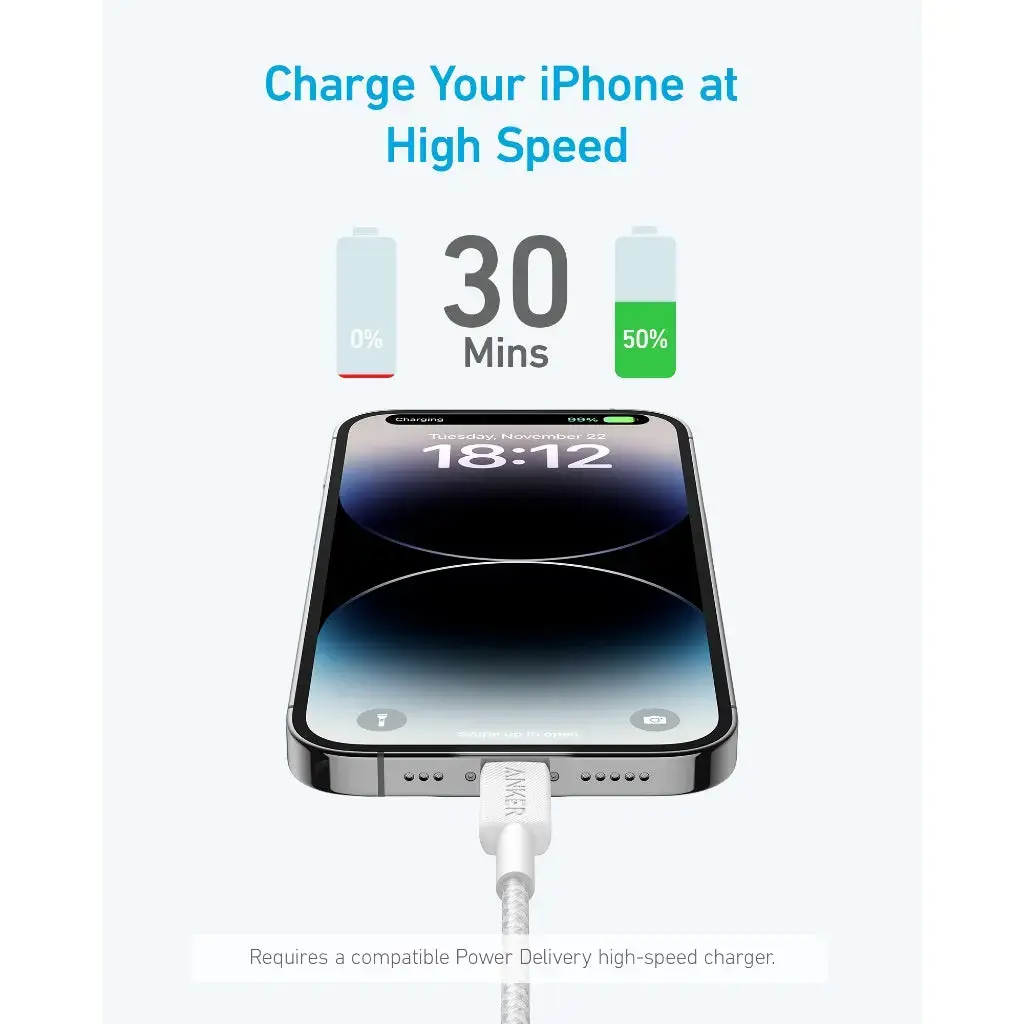 Anker USB-C to Lightning Cable Nylon Braided 6ft/1.8m - White