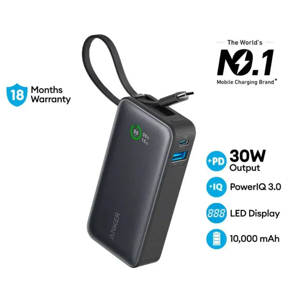 Anker Nano Power Bank 30W, Built-In USB-C Cable 10,000mAh - Black