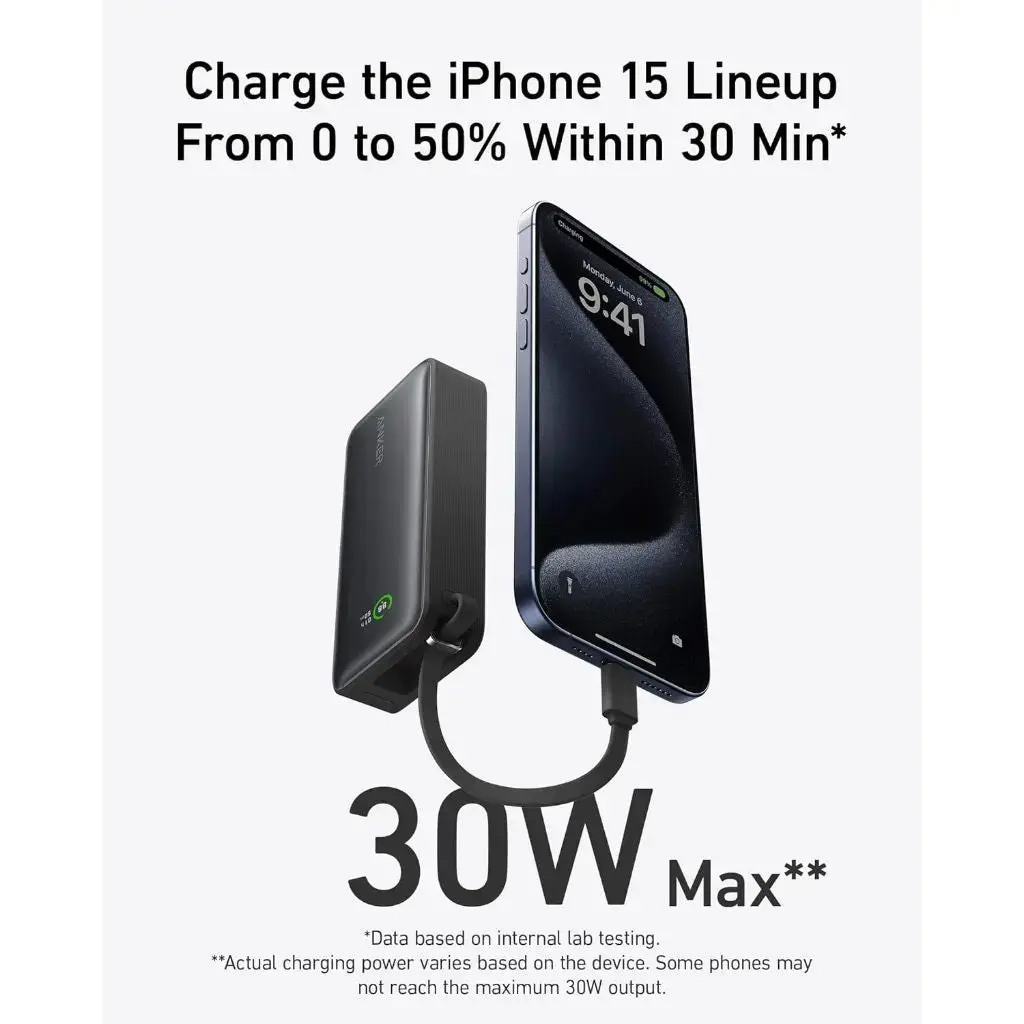 Anker Nano Power Bank 30W, Built-In USB-C Cable 10,000mAh - Black