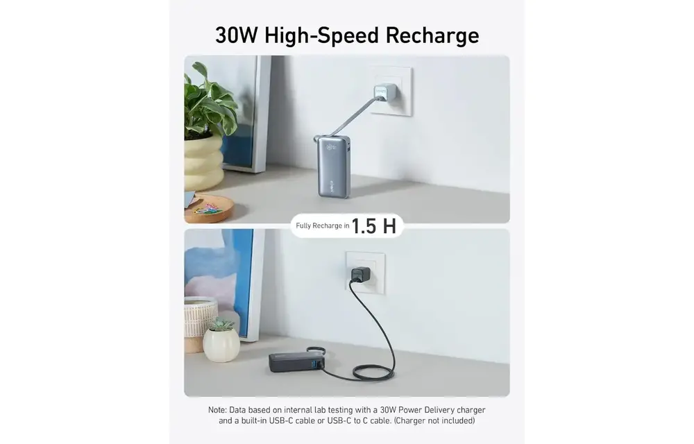 Anker Nano Power Bank 30W, Built-In USB-C Cable 10,000mAh - Black