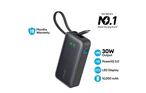 Anker Nano Power Bank 30W, Built-In USB-C Cable 10,000mAh - Blue