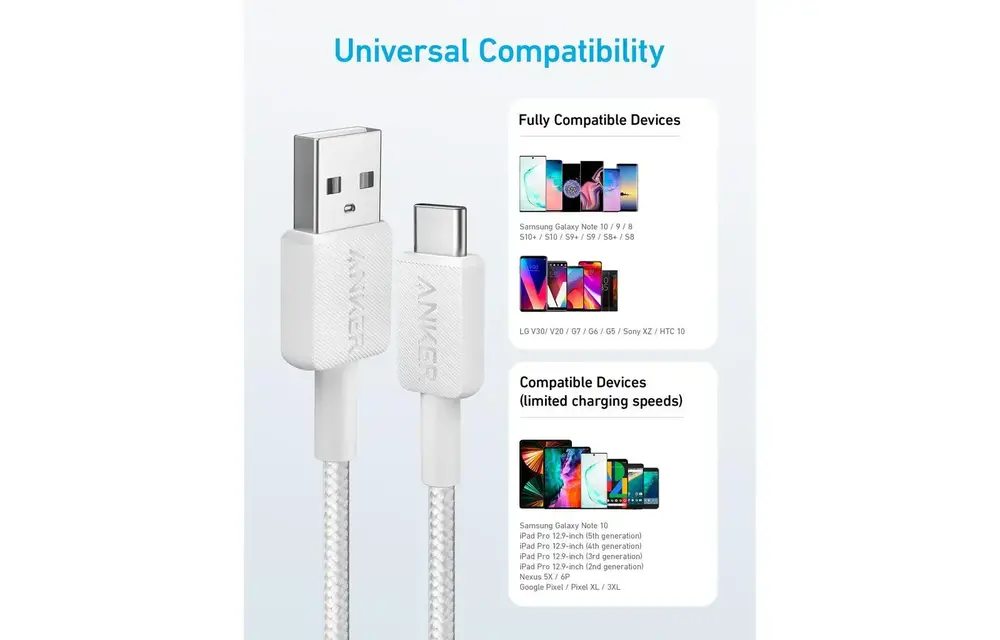 Anker Durable Braided Nylon USB-A To USB-C Cable 6ft/1.8m - White