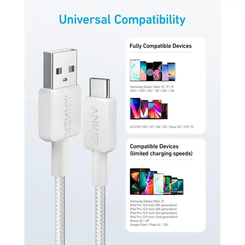 Anker Durable Braided Nylon USB-A To USB-C Cable 6ft/1.8m - White