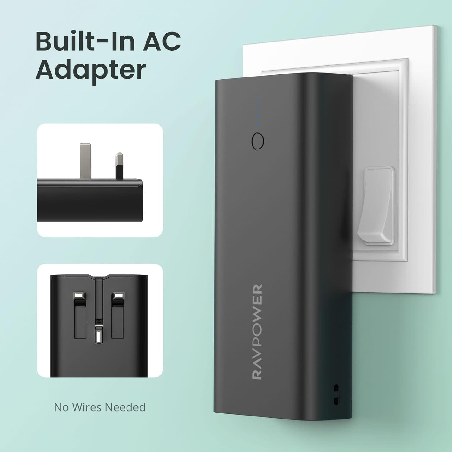 RAVPower 2 in 1 with AC Adapter Power Bank PD 20W 10000mAh  - Black