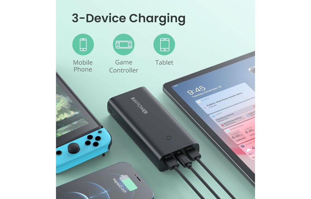 RAVPower 2 in 1 with AC Adapter Power Bank PD 20W 10000mAh - Black
