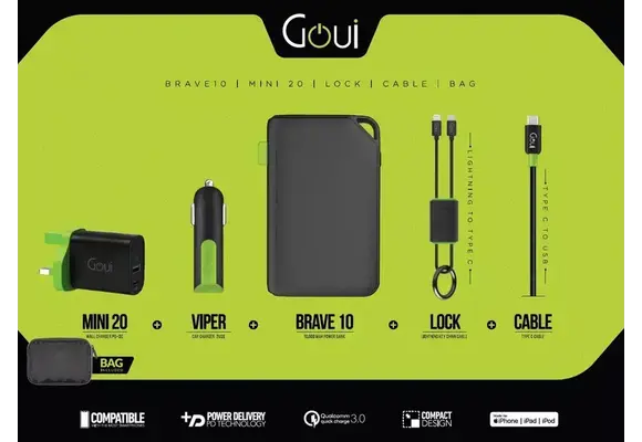 Goui BRAVE10, MINI 20, VIPER, LOCK Lightning To Type C, Type C to USB Cable, Bag Bundle