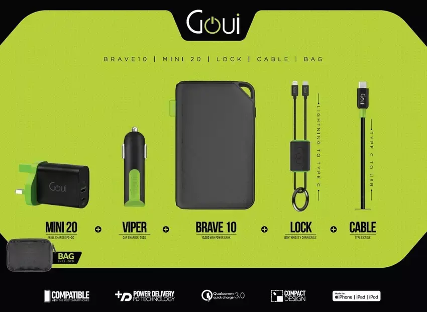 Goui BRAVE10, MINI 20, VIPER, LOCK Lightning To Type C, Type C to USB Cable, Bag Bundle