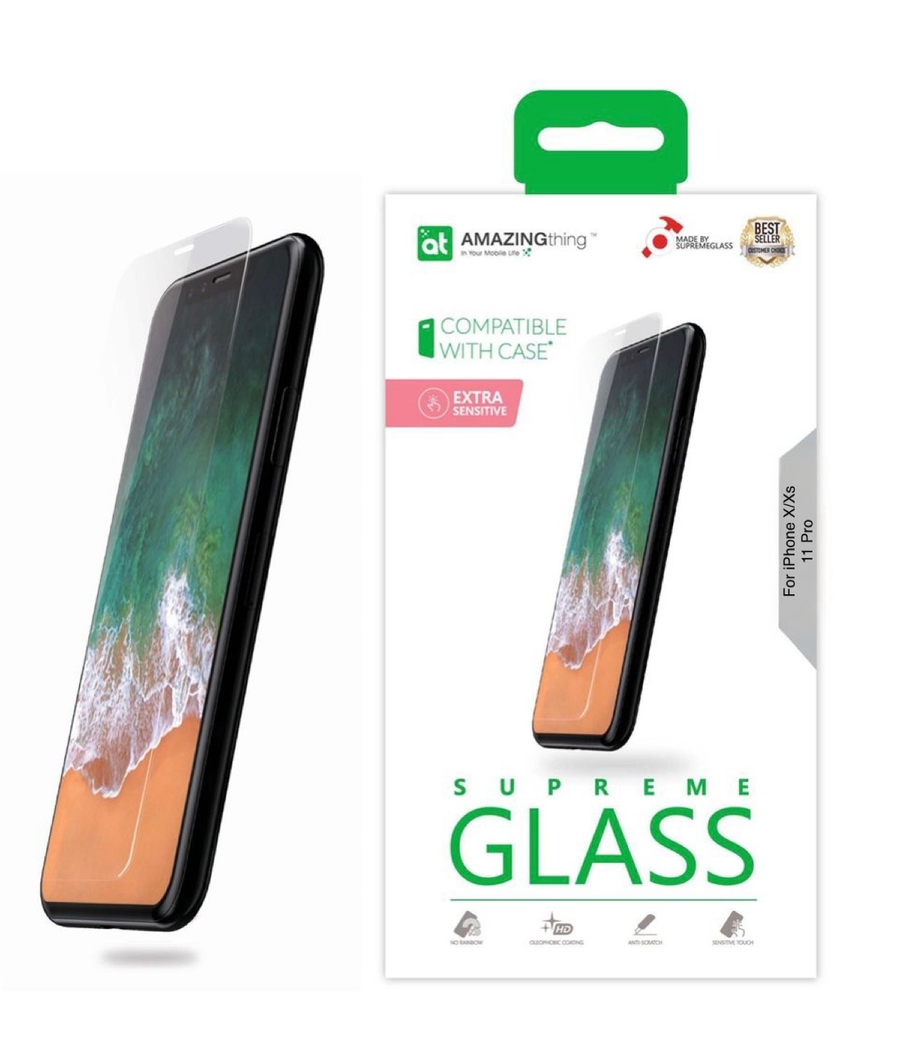 AmazingThing Extra Sensitive Supreme Glass Screen Protector for iPhone X/Xs/11Pro - Clear