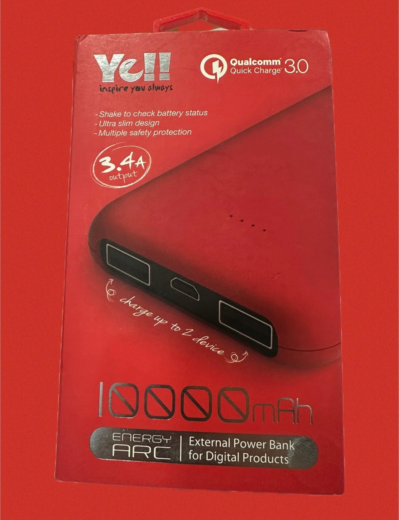 Yeii External Power Bank Quick Charge 3.0, USB Port 10'000mAh - Red