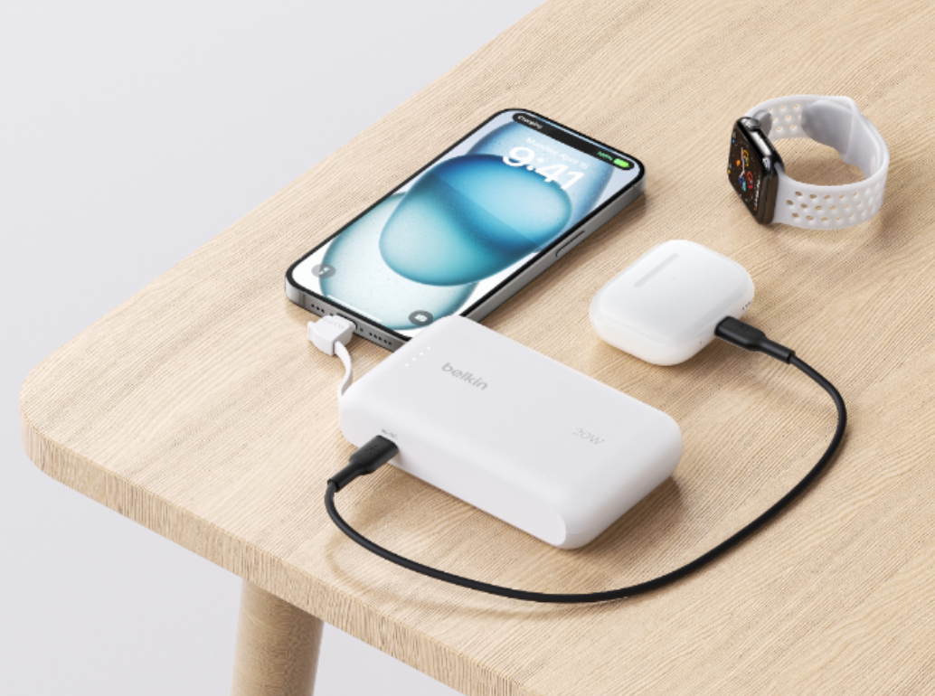 Belkin Boost Charge Power Bank 10K with Integrated USB-C Cable PD 20W 10'000mAh - White