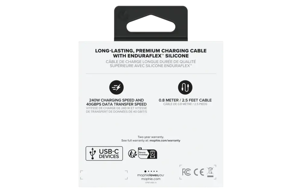 Mophie Charge Stream USB-C to USB-C 240W PD Cable 2.5ft/0.8M  - Black