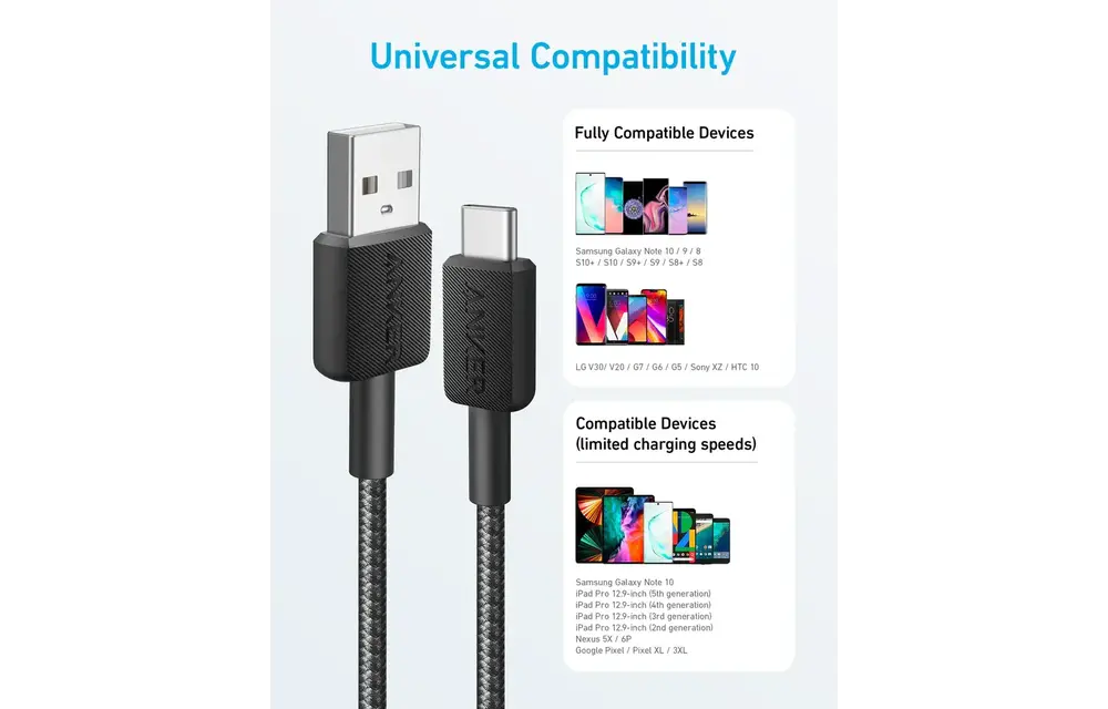 Anker Durable Braided Nylon USB-A to USB-C Cable 6ft/1.8m - Black
