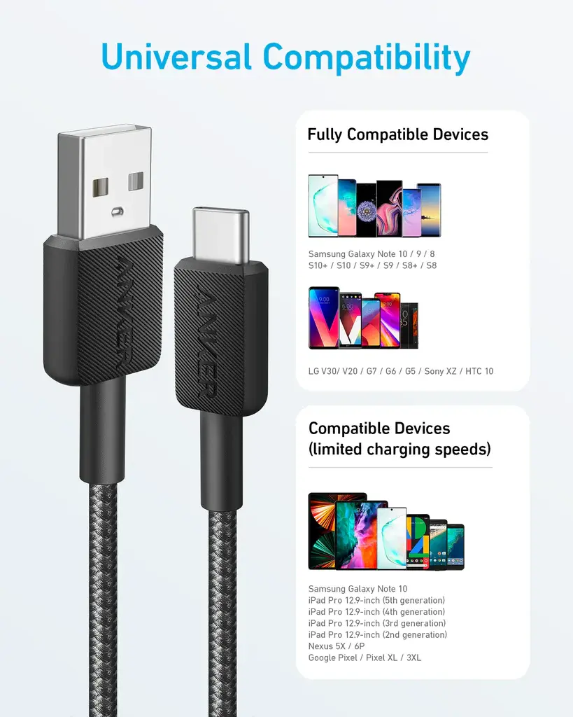 Anker Durable Braided Nylon USB-A to USB-C Cable 6ft/1.8m - Black