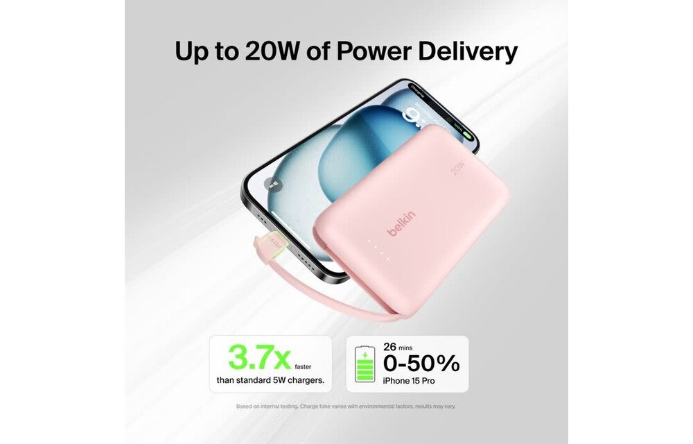 Belkin Boost Charge Power Bank 10K with Integrated USB-C Cable PD 20W 10'000mAh - Pink