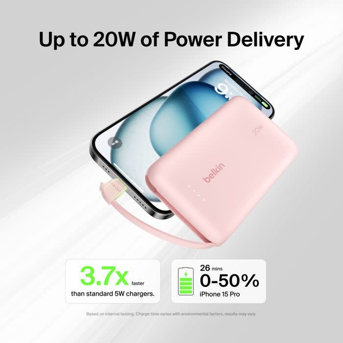 Belkin Boost Charge Power Bank 10K with Integrated USB-C Cable PD 20W 10'000mAh - Pink