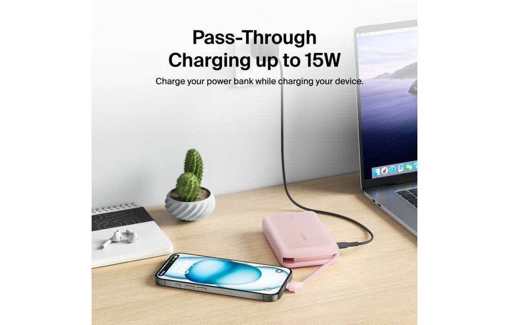 Belkin Boost Charge Power Bank 10K with Integrated USB-C Cable PD 20W 10'000mAh - Pink