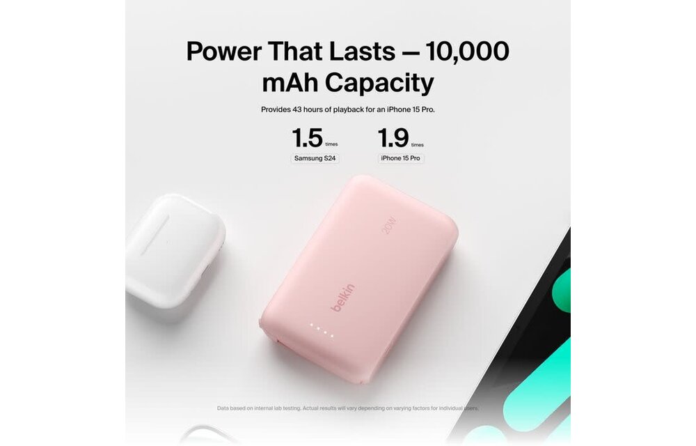 Belkin Boost Charge Power Bank 10K with Integrated USB-C Cable PD 20W 10'000mAh - Pink