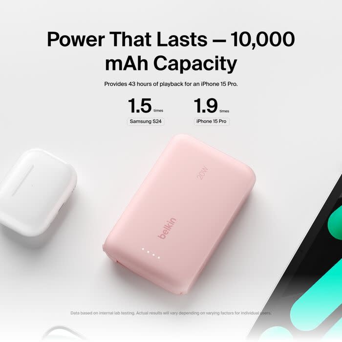 Belkin Boost Charge Power Bank 10K with Integrated USB-C Cable PD 20W 10'000mAh - Pink