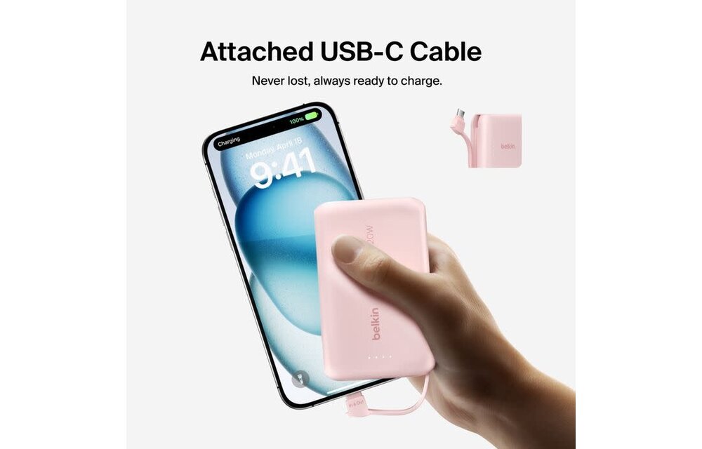 Belkin Boost Charge Power Bank 10K with Integrated USB-C Cable PD 20W 10'000mAh - Pink