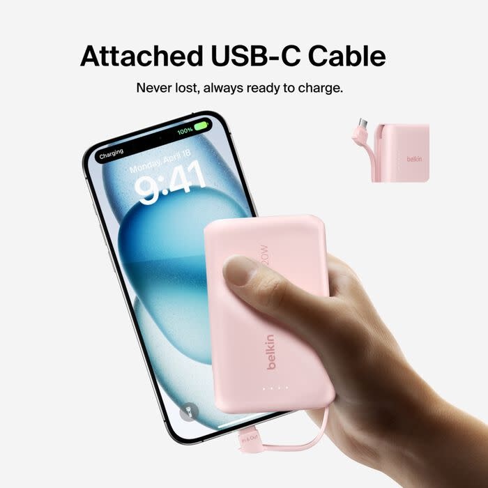 Belkin Boost Charge Power Bank 10K with Integrated USB-C Cable PD 20W 10'000mAh - Pink