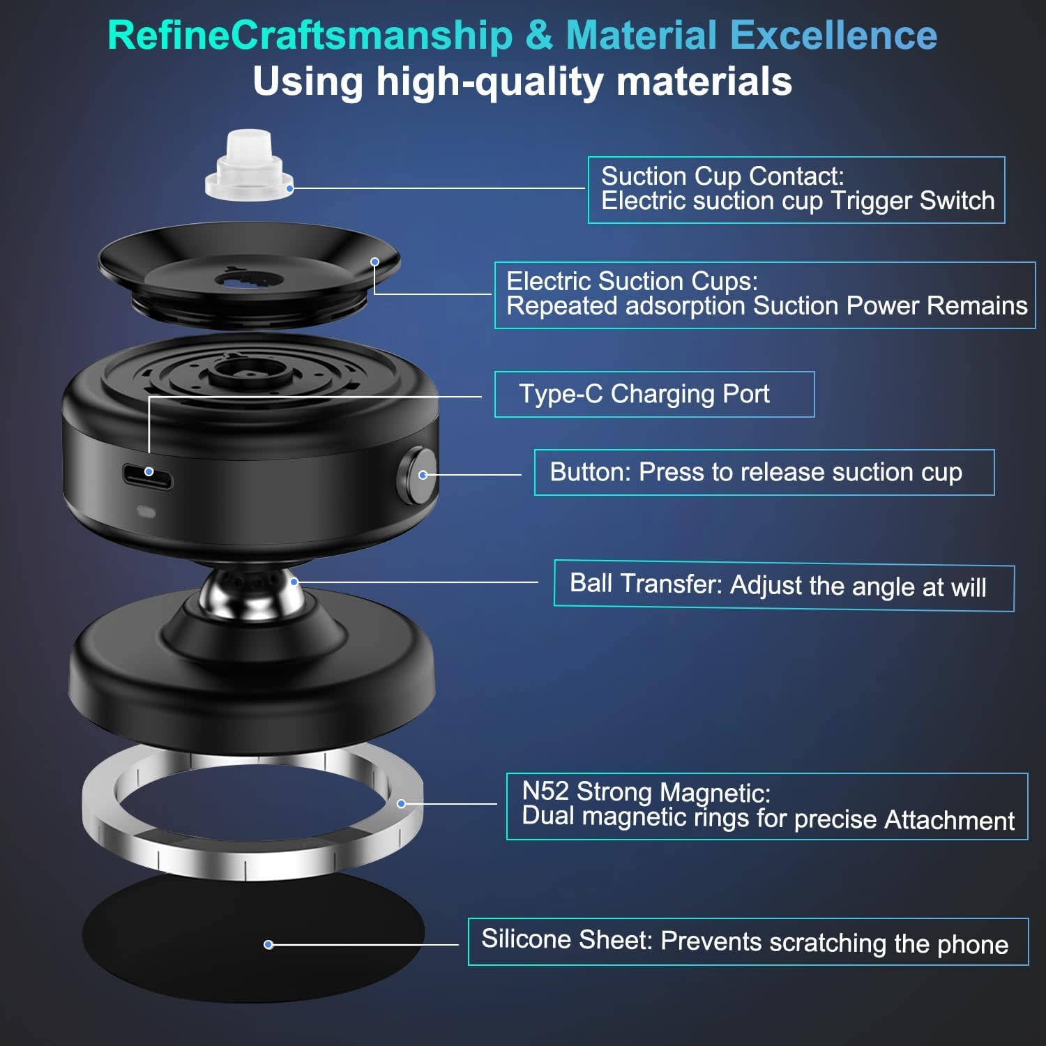 360° Electric Vacuum MagSafe Mount Suction Ball Design Mount Black