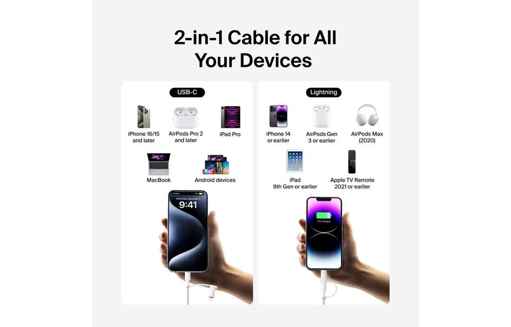Belkin BoosCharge Pro 2 in 1 Cable with USB-C and Lightning Connector 1.5m - White