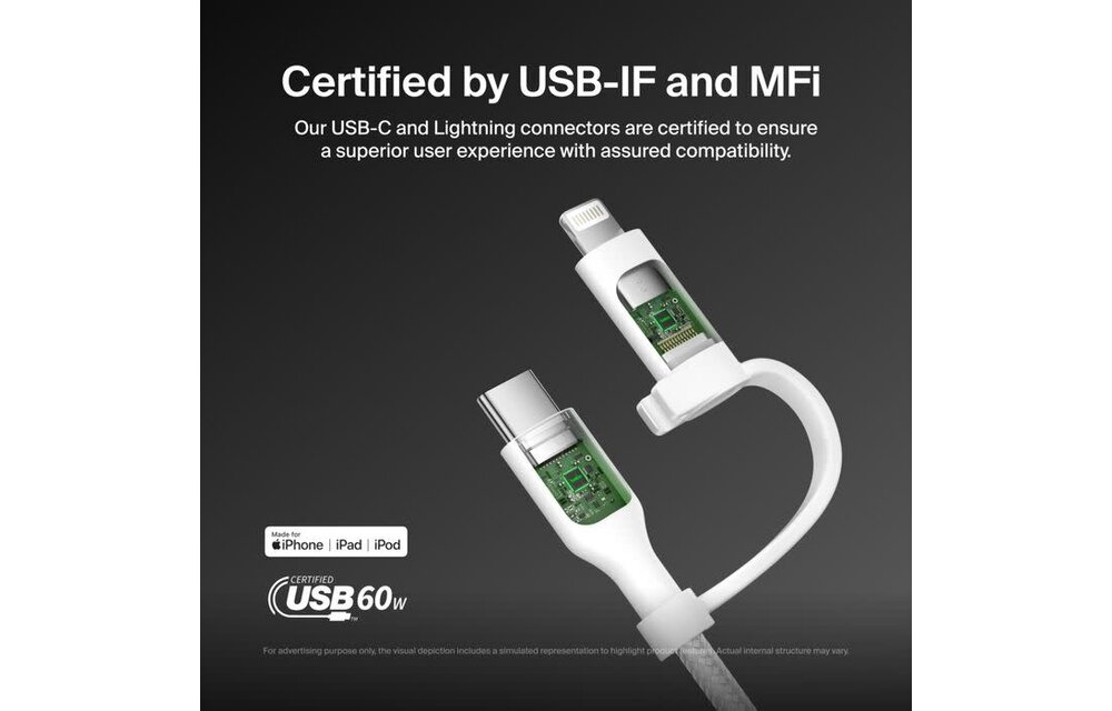 Belkin BoostCharge Pro 2 in 1 Cable with USB-C and Lightning Connector 1.5m - White