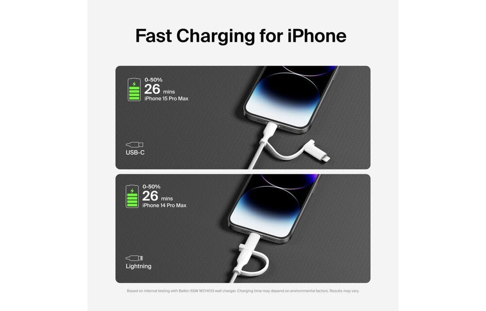 Belkin BoosCharge Pro 2 in 1 Cable with USB-C and Lightning Connector 1.5m - White