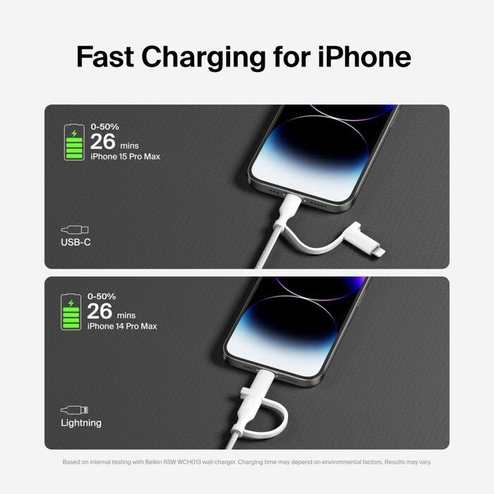 Belkin BoostCharge Pro 2 in 1 Cable with USB-C and Lightning Connector 1.5m - White