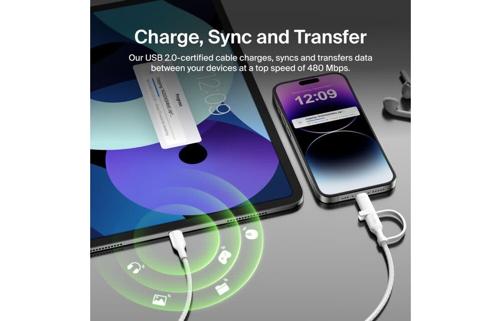 Belkin BoosCharge Pro 2 in 1 Cable with USB-C and Lightning Connector 1.5m - White
