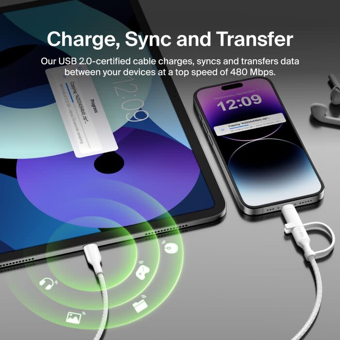 Belkin BoostCharge Pro 2 in 1 Cable with USB-C and Lightning Connector 1.5m - White