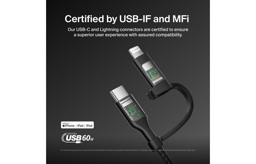 Belkin BoosCharge Pro 2 in 1 Cable with USB-C and Lightning Connector 1.5m - Black