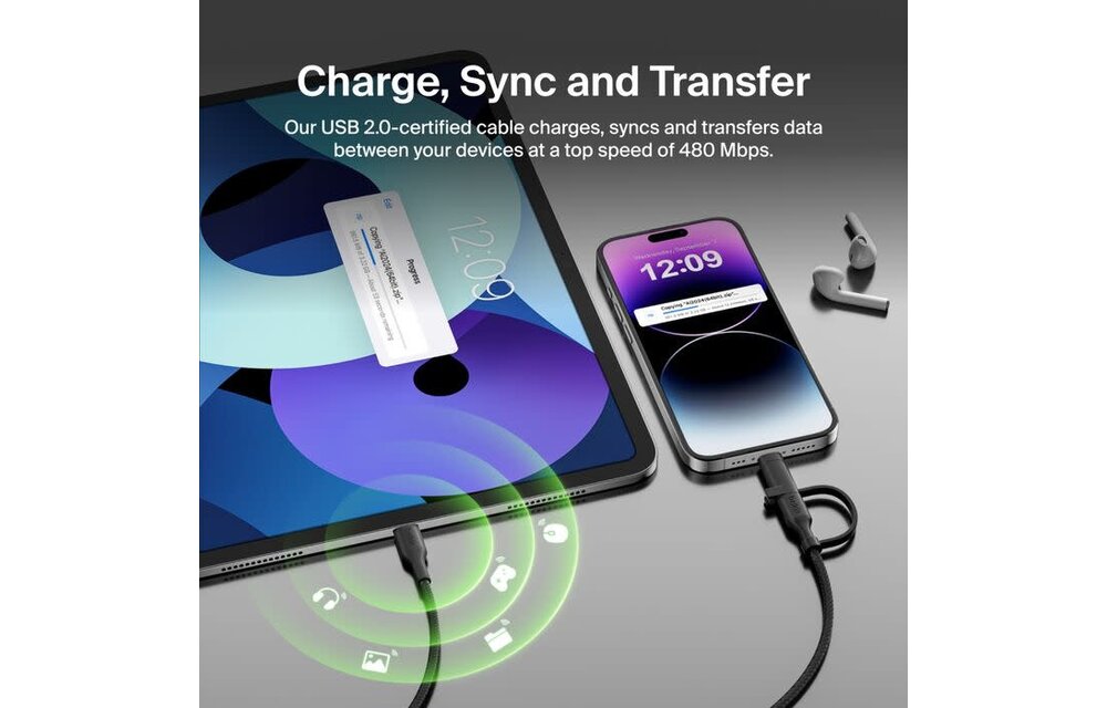 Belkin BoosCharge Pro 2 in 1 Cable with USB-C and Lightning Connector 1.5m - Black
