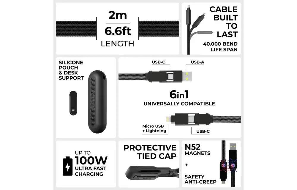 Rolling Square inCharge XL 2m with Silicon Pouch - Black