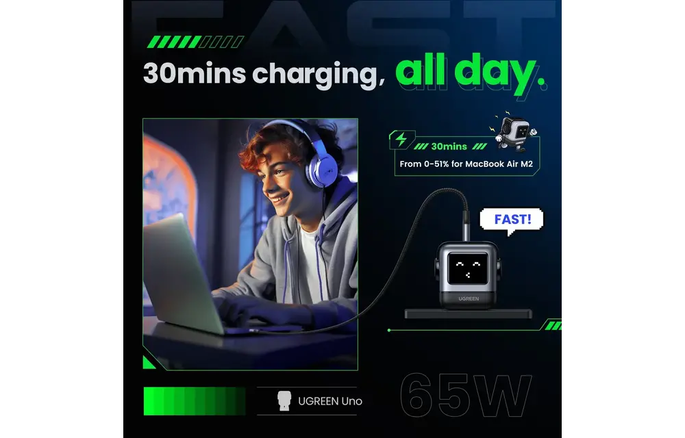 Ugreen Nexode RG 3 Port Gan Fast Charger 65W - Black