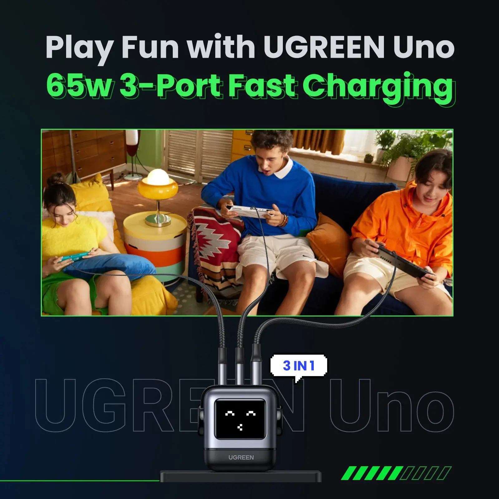 Ugreen Nexode RG 3 Port Gan Fast Charger 65W - Black