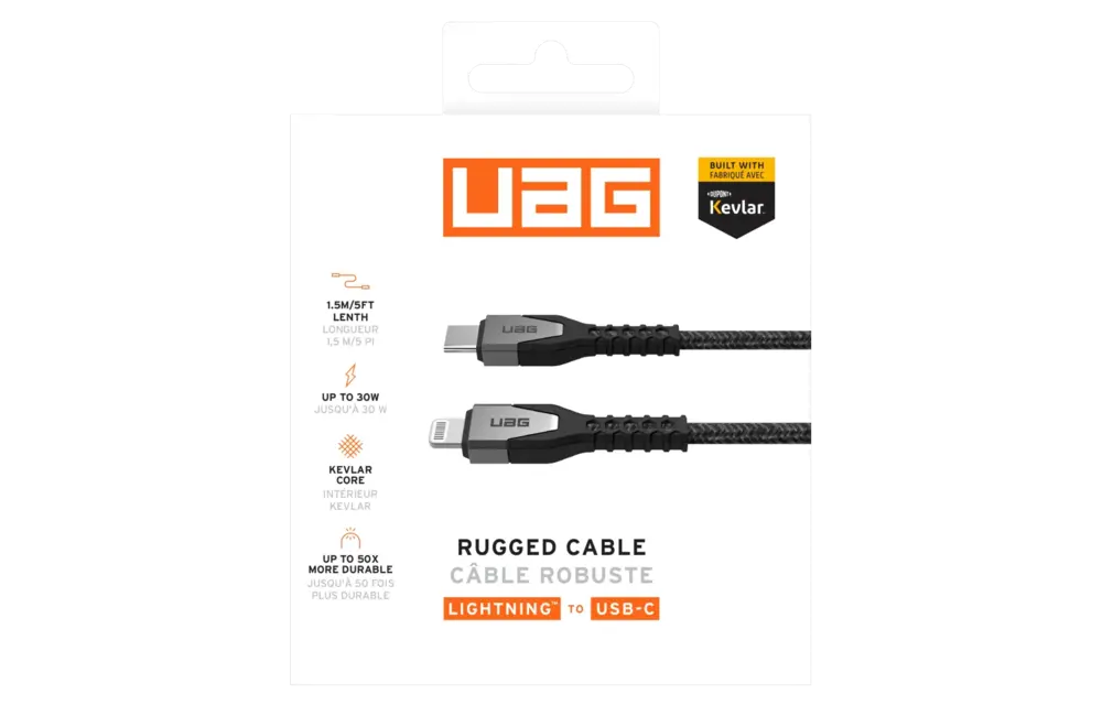 UAG Rugged Kevlar USB-C to Lightning 5ft (1.5m) Power Cable - Black and Grey